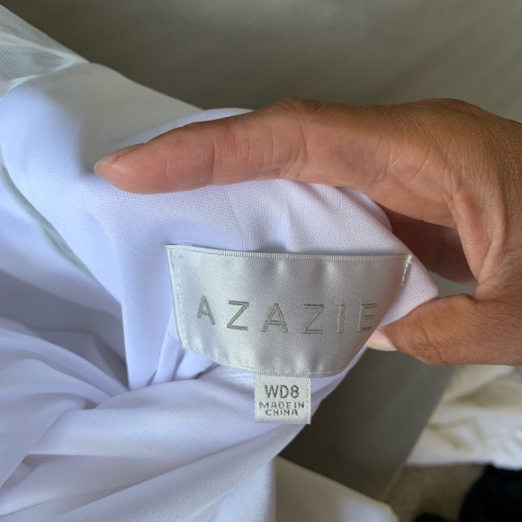 White Azazie mermaid stretch crepe chapel train wedding dress size 8 - Picture 13 of 15